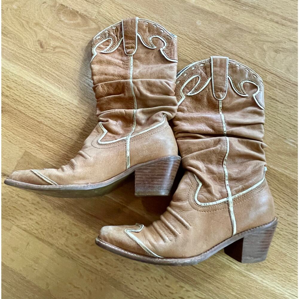 Naona Nana Brown gold Leather sz 6 mid calf boot 2.5" Heel Cowgirl western - Picture 6 of 12